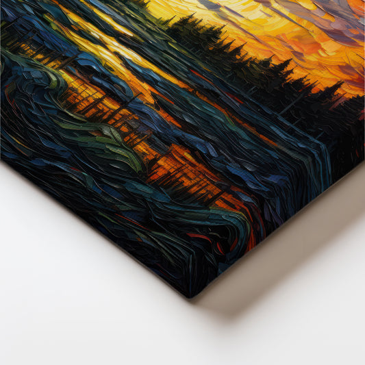 Radiant Sunset Over Vibrant Forest and Rippled Waterscape