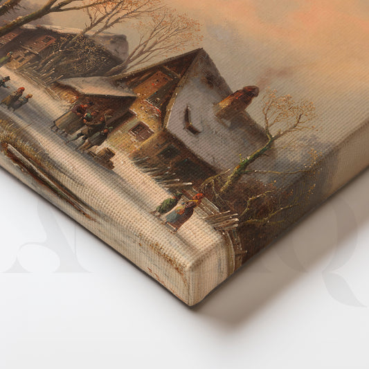 Winter Cottage Ice Rink Canvas Artwork for Cozy Living Room