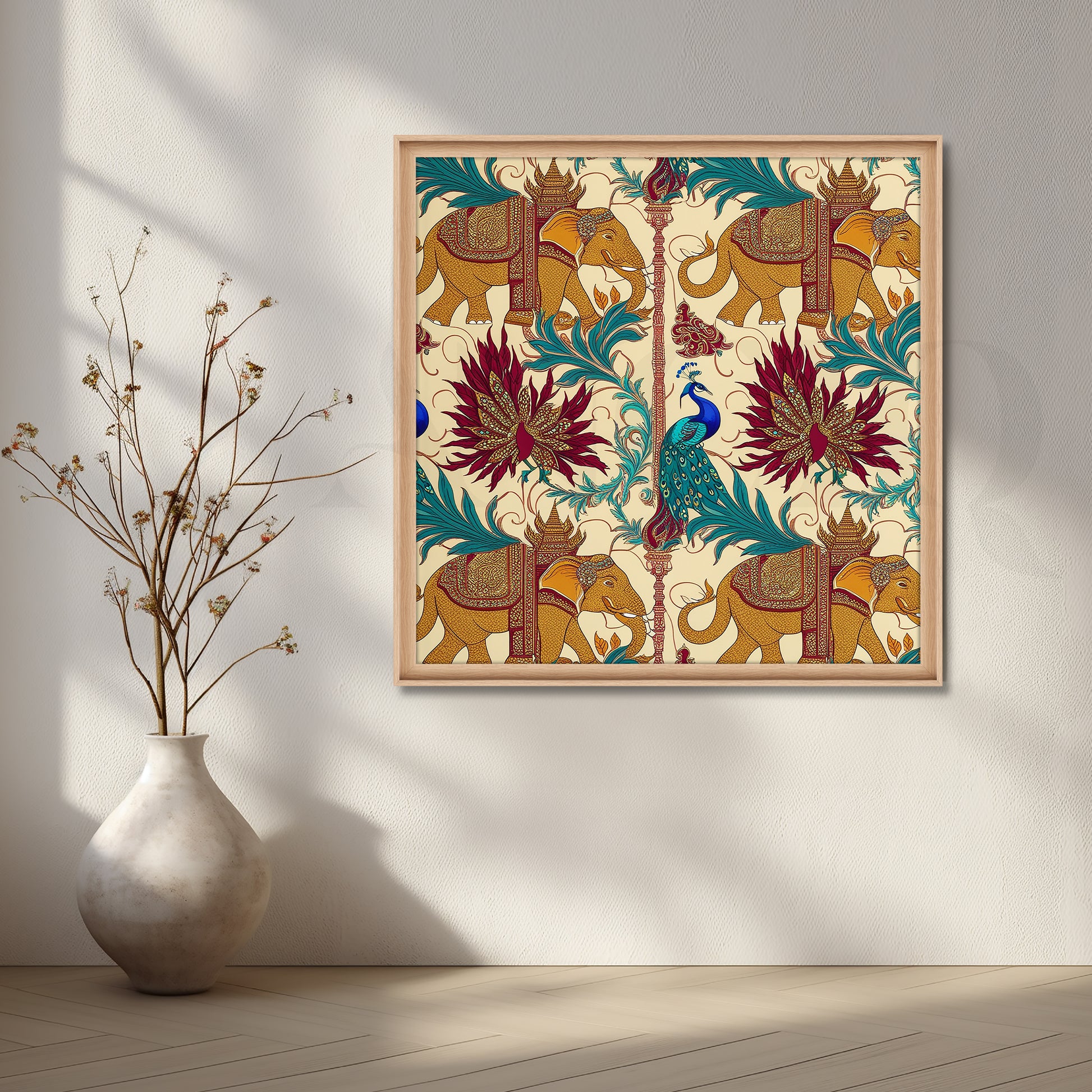Elephant & Peacock Harmony Canvas Artwork for Kitchen/Dining Area