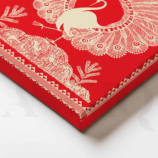 Close-up Detail Warli Peacock Canvas Artwork