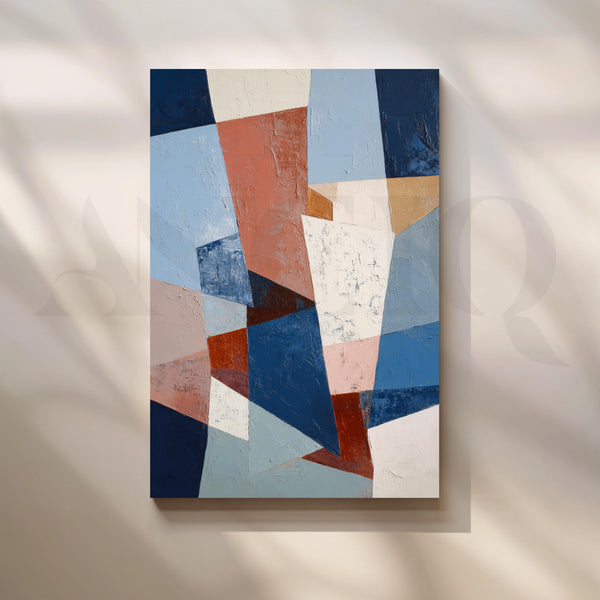 Geometric Blue and Terracotta Abstract Canvas Artwork