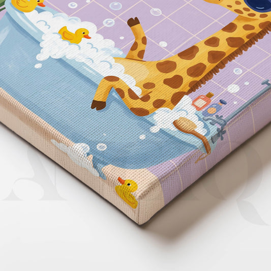 Funny Giraffe Bubble Bath Safari Animal Kids Room Canvas Artwork