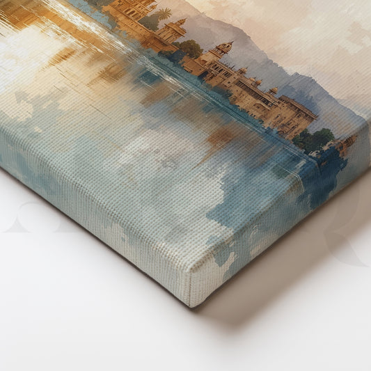 Udaipur Palace Watercolor Canvas Painting – Minimal Rajasthan Landscape Wall Art for Bedroom
