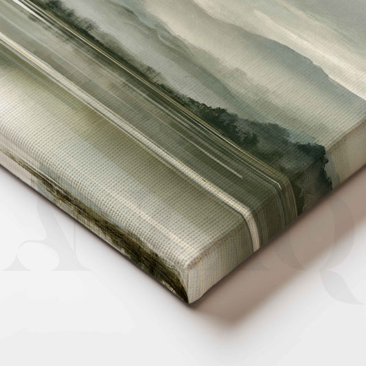 Misty Mountain Lake Landscape in Sage Green Canvas Artwork