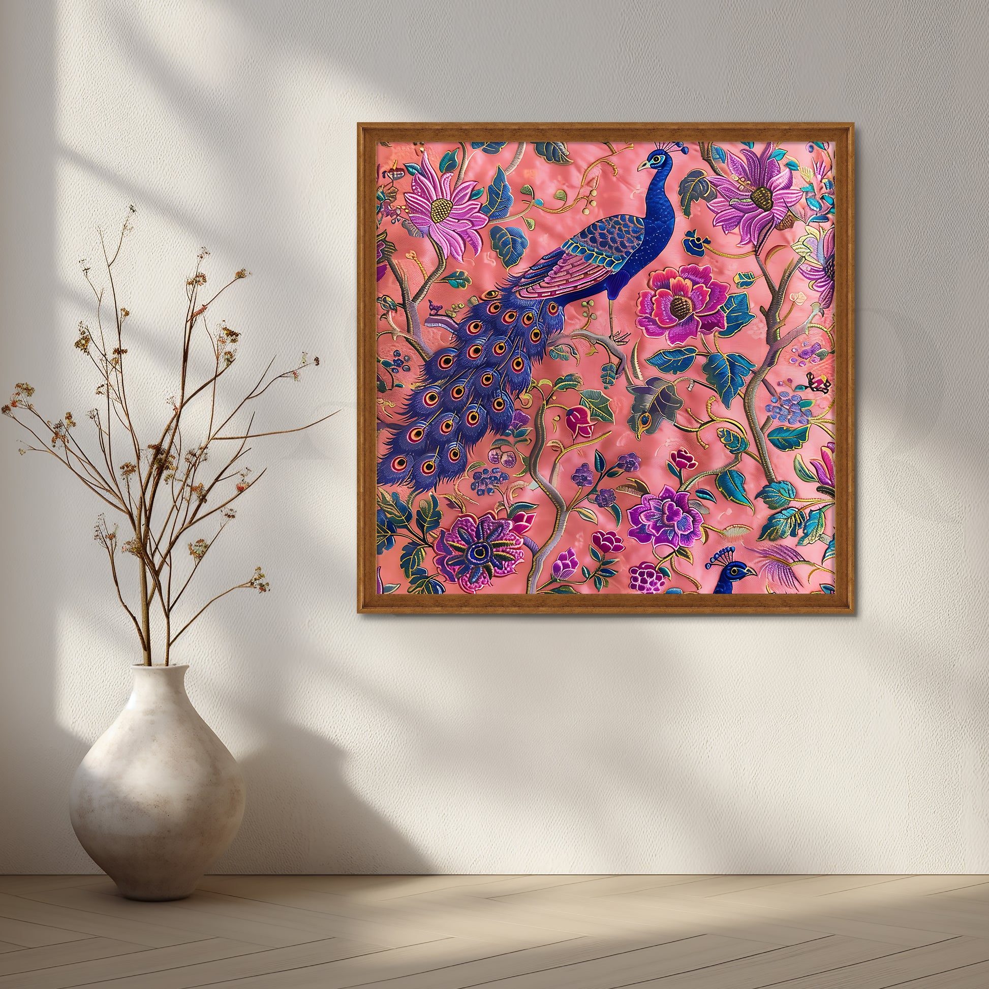 Peacock Paradise on Coral Canvas Artwork for Living Room