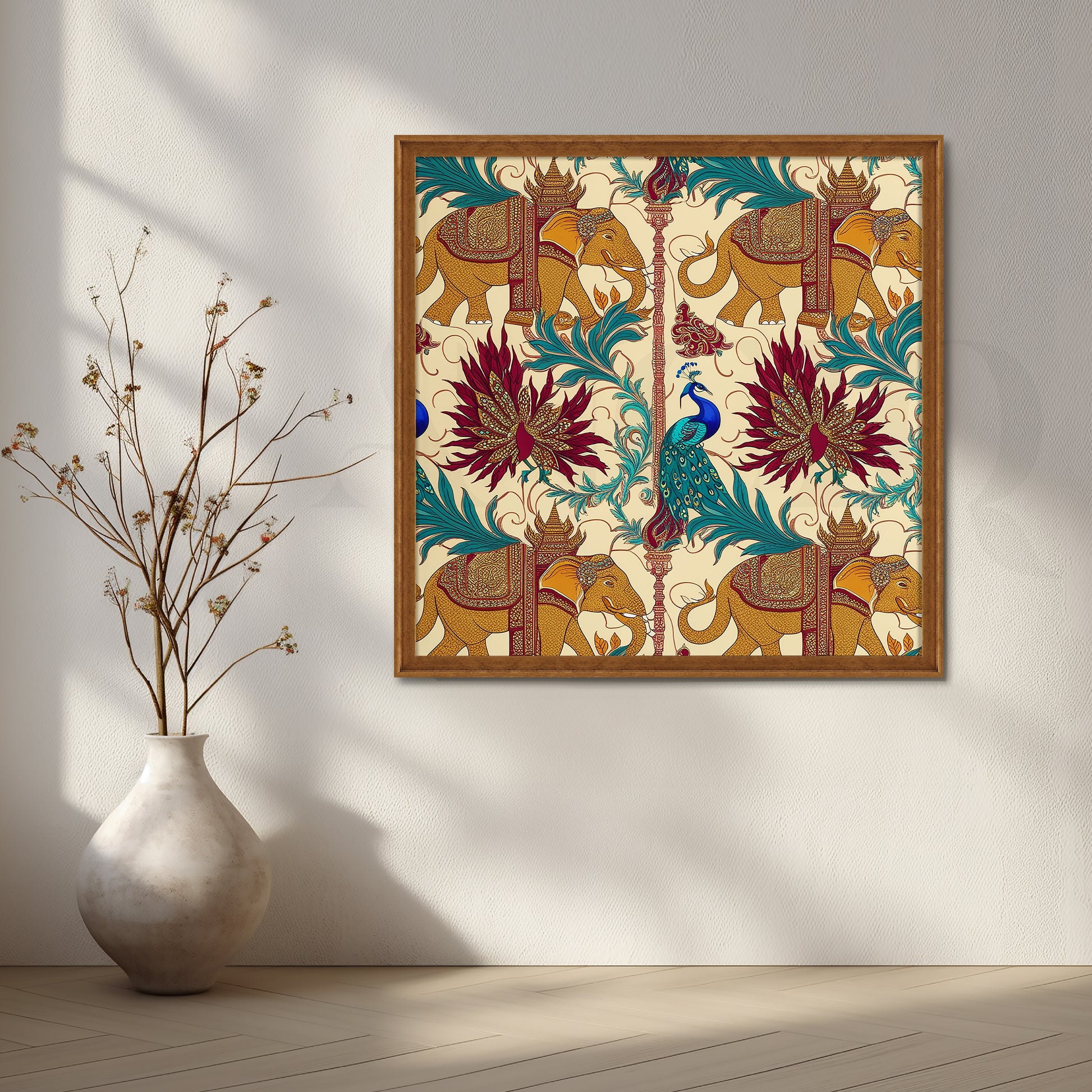 Elephant & Peacock Harmony Canvas Artwork for Kitchen/Dining Area