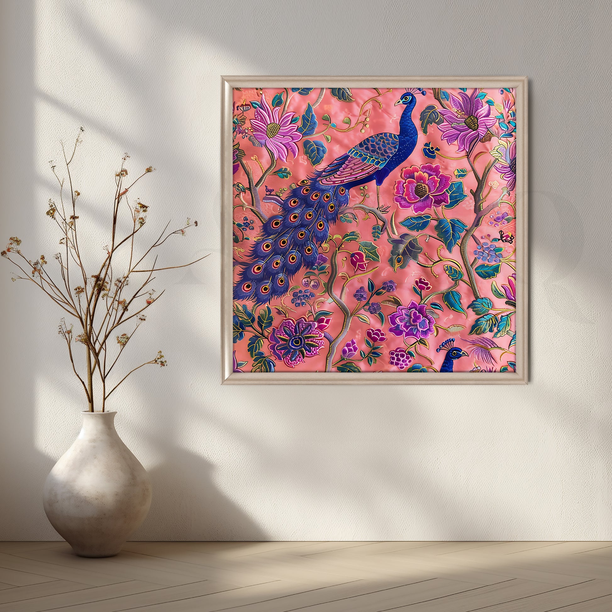 Peacock Paradise on Coral Canvas Artwork for Living Room
