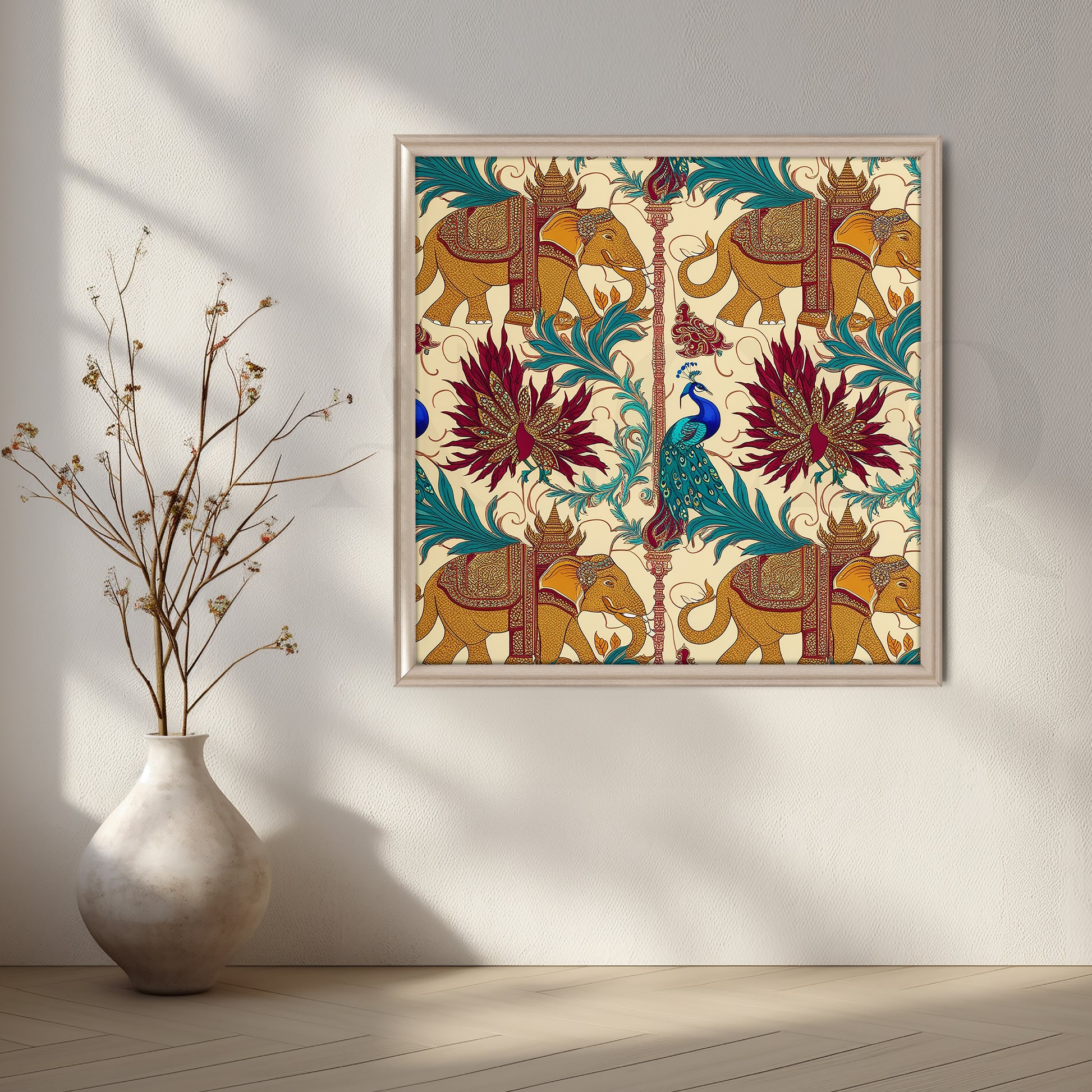 Elephant & Peacock Harmony Canvas Artwork for Kitchen/Dining Area