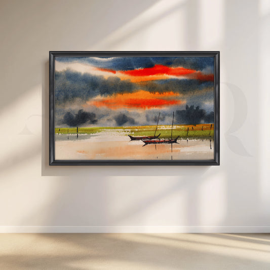 Sunset Stillness with Boats Canvas Artwork for Living Room Walls