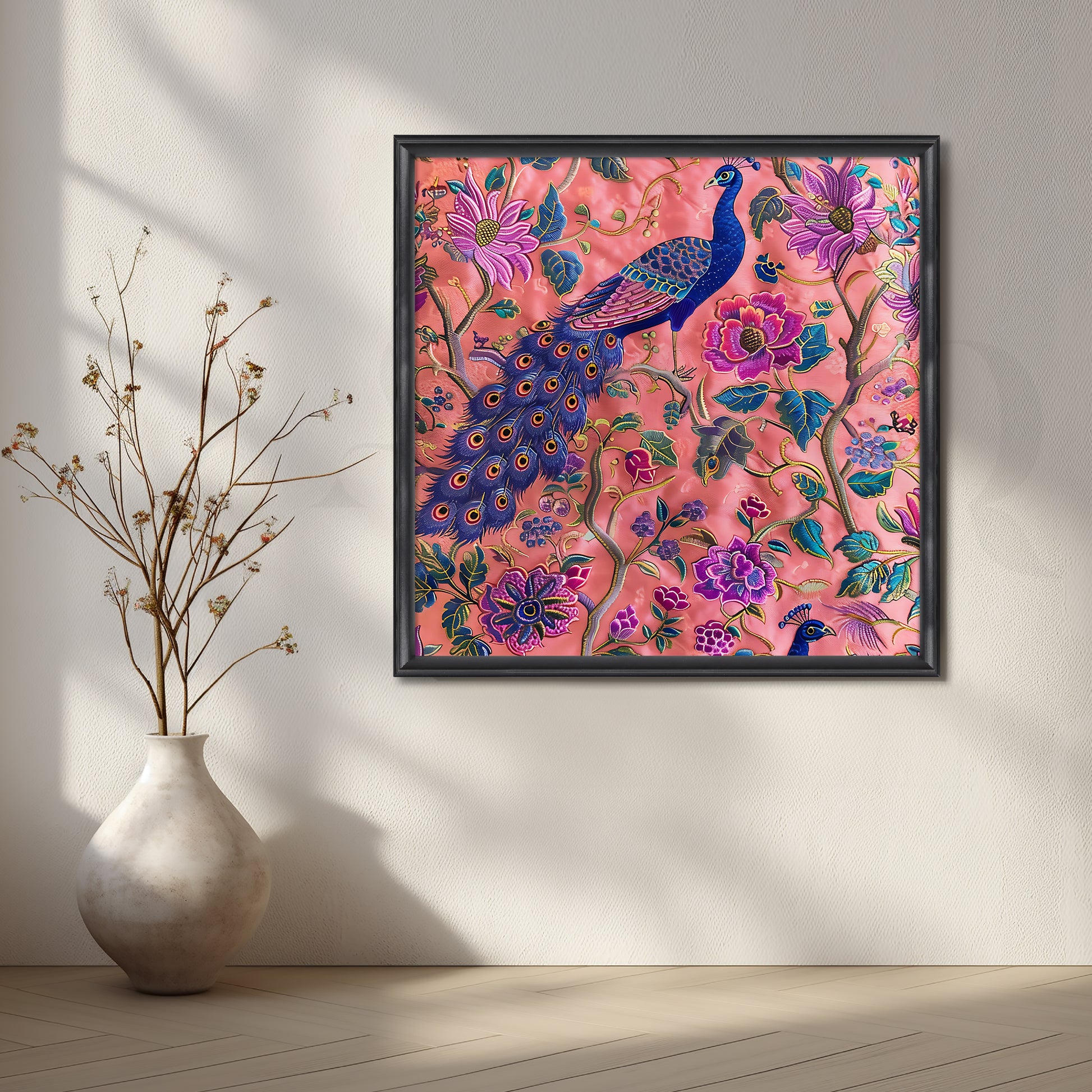 Peacock Paradise on Coral Canvas Artwork for Living Room