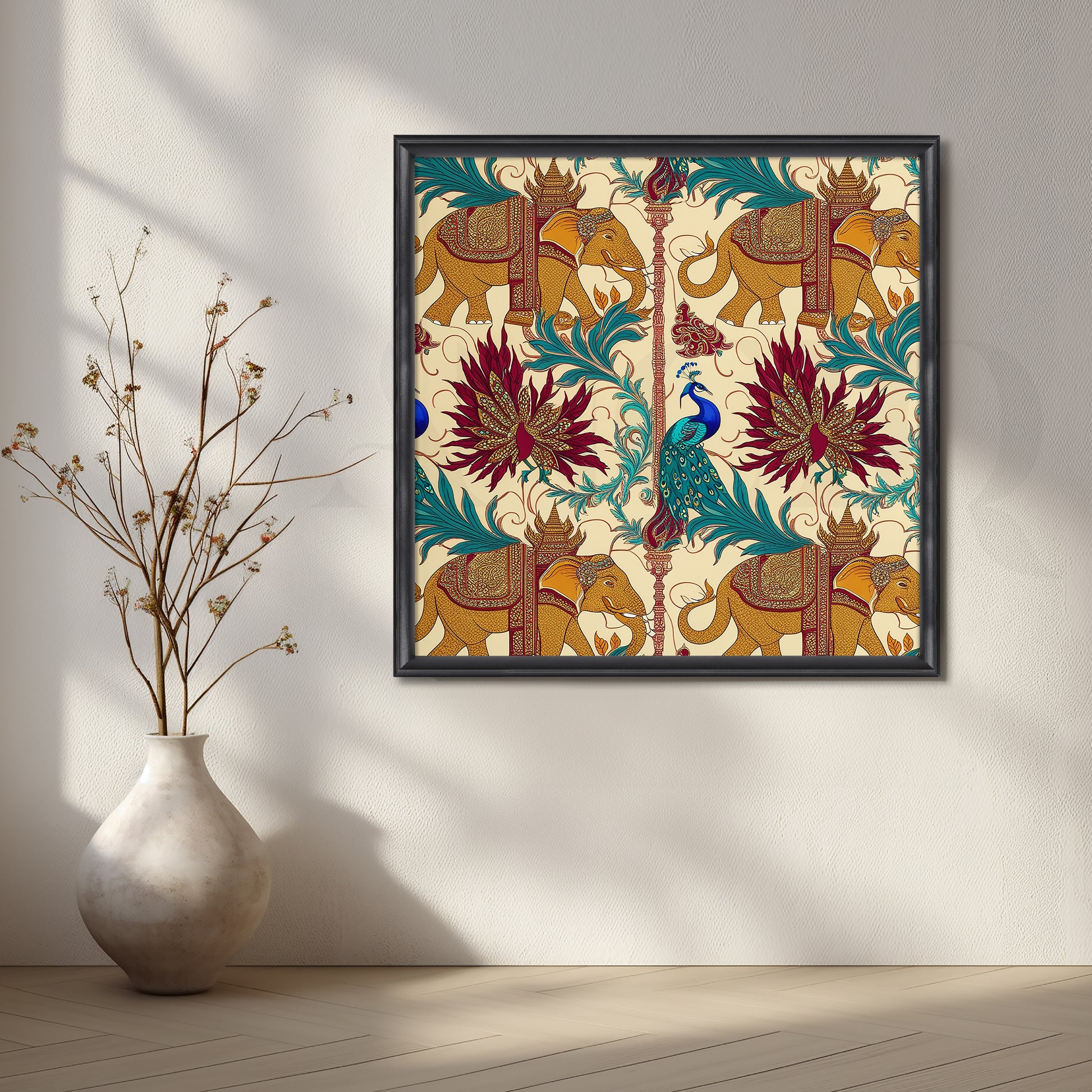 Elephant & Peacock Harmony Canvas Artwork for Kitchen/Dining Area