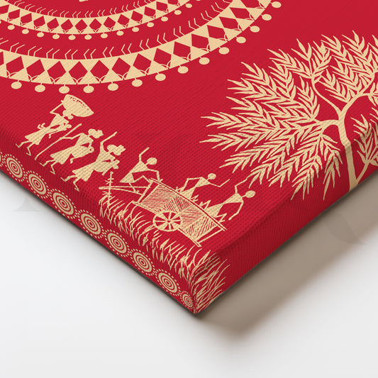 Red Warli Folk Art Canvas Painting for Living Room Wall Décor