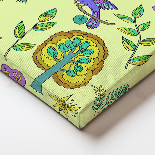Whimsical Purple Birds Garden Pattern Canvas Art