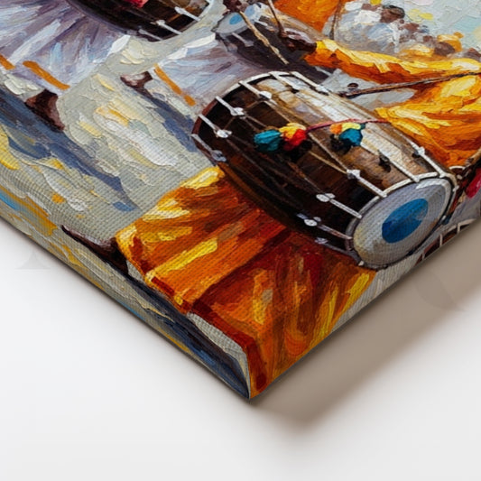 Vibrant Indian Dhol Players Canvas Painting – Festive Cultural Wall Art for Home Decor