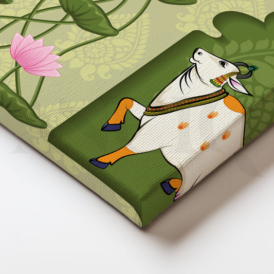 Lotus Blessings Cow Canvas Artwork for Puja Room and Living Room Wall Decor