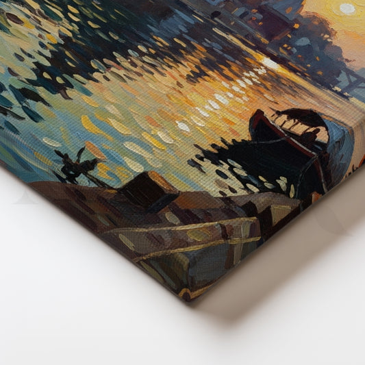 Sunrise Over Sacred River Canvas Artwork – Serene Riverside Temple Scene Wall Art