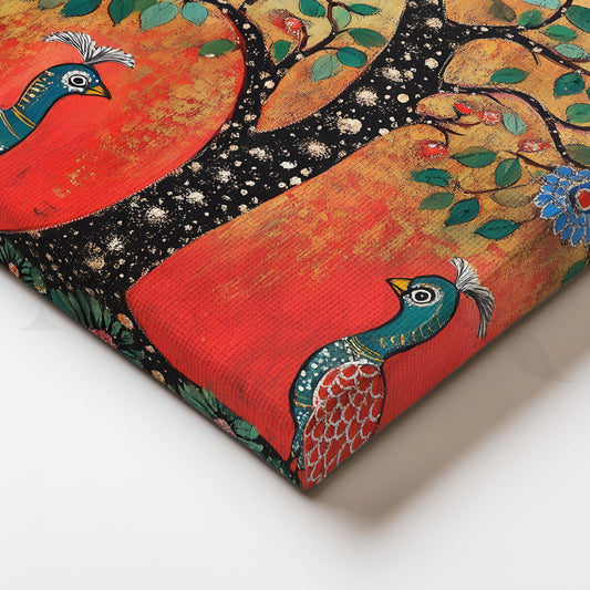 Traditional Peacock Tree Folk Art Canvas Painting for Home Décor