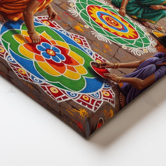 Colorful Rangoli Canvas Artwork – Indian Women Festival Art for Wall Decor