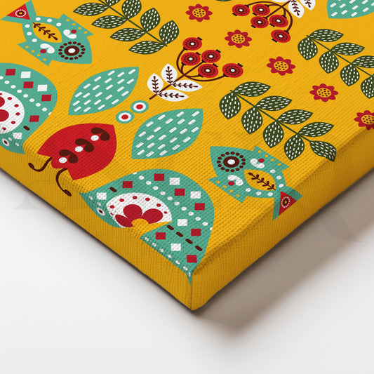 Folk Birds & Fishes Yellow Canvas Wall Art