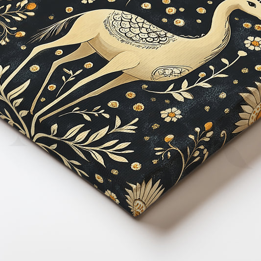 Black Folk Deer with Golden Blossoms Canvas