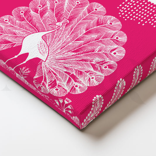 Pink Warli Peacock Rain Dance Canvas Art