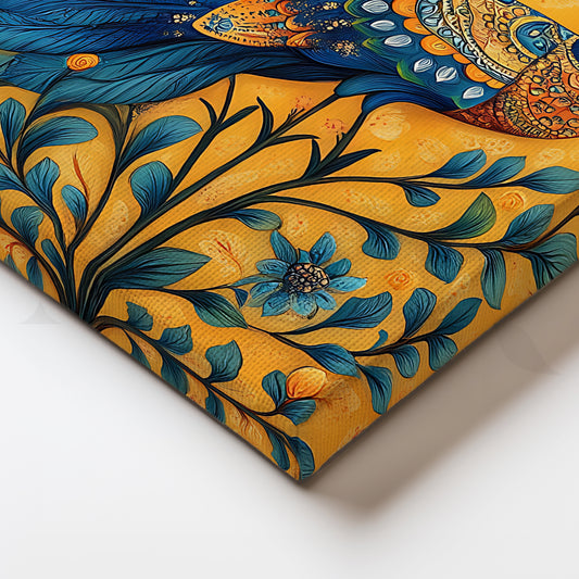 Golden Peacock Garden Folk Canvas Painting
