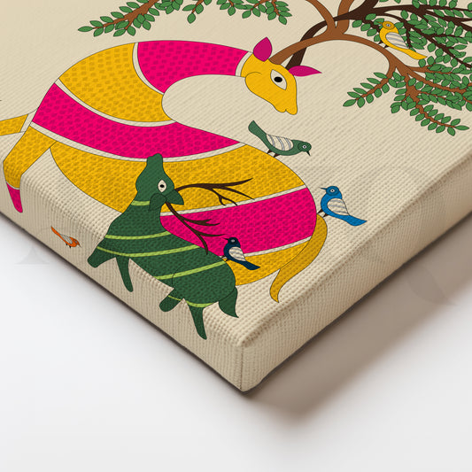 Gond Style Deer Family Under Tree Canvas