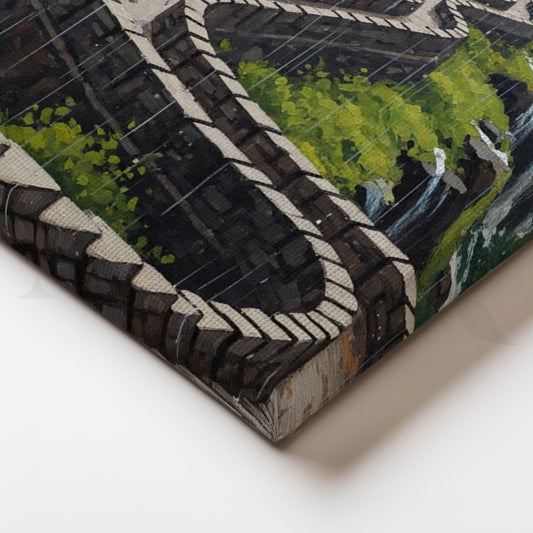 The Winding Fort Trail Canvas Artwork – Majestic Mountain Path with Waterfalls Wall Art