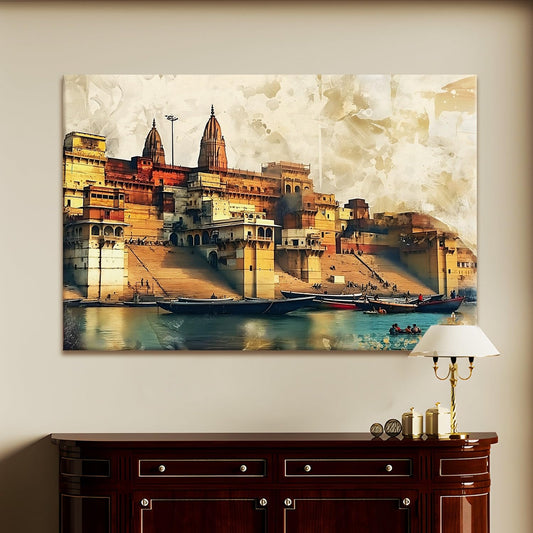 Banaras Ghat Paintings for Living Room | Varanasi Ghat Ganga River Canvas Wall Art | Indian Traditional Wall Painting for Décor