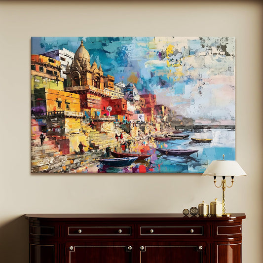 Banaras Ghat Paintings for Living Room | Varanasi Ghat Ganga River Canvas Wall Art | Indian Traditional Wall Painting for Décor