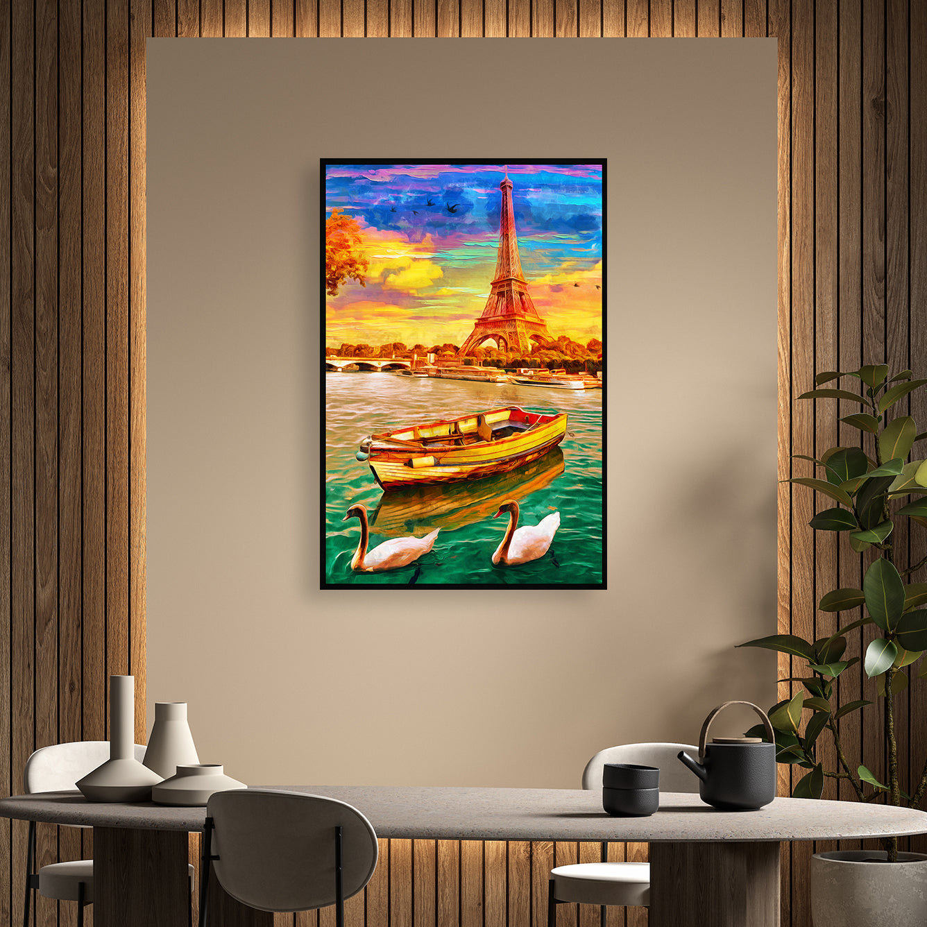 Parisian dream: Wooden boat, swans glide by Eiffel Tower Canvas Artwork