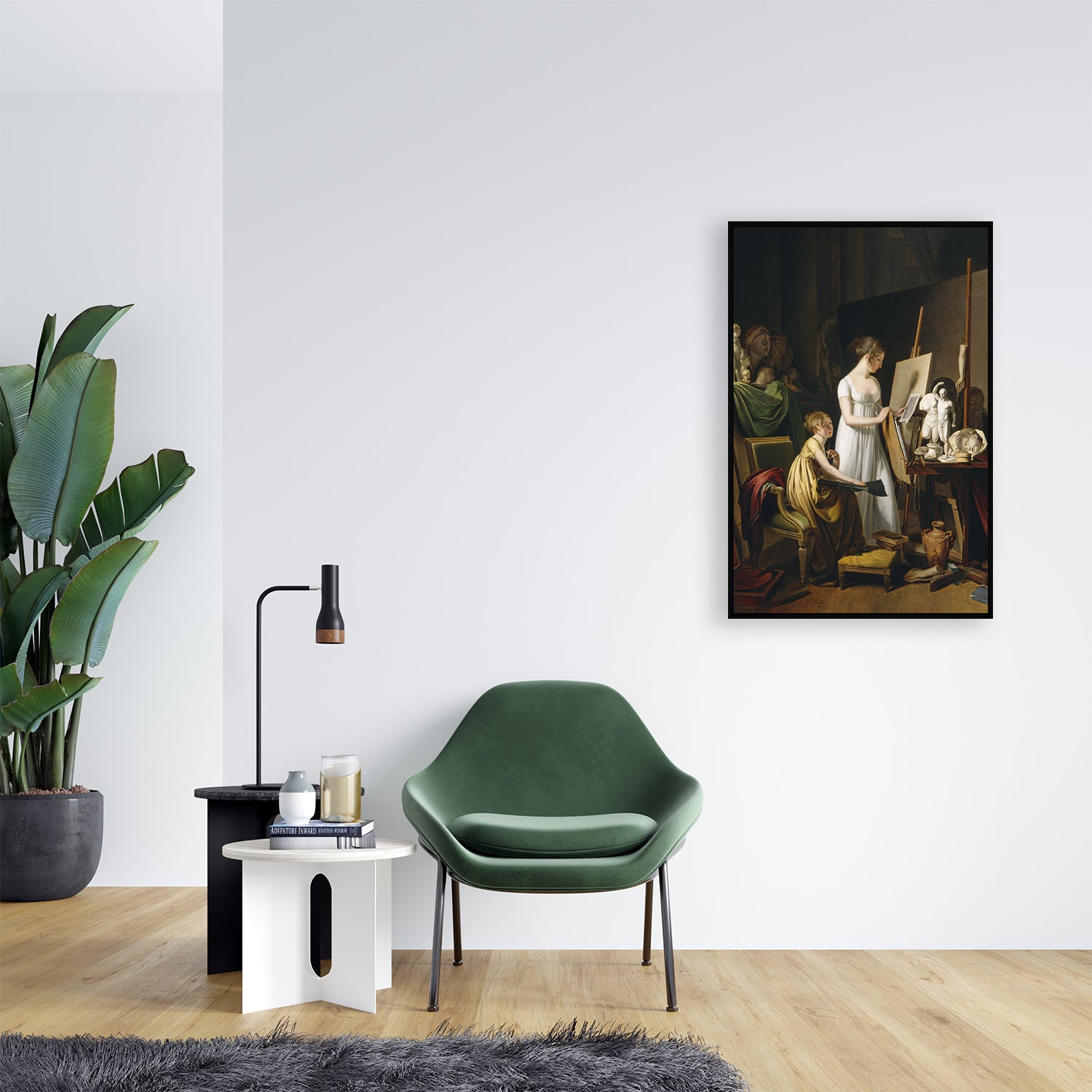 Vintage artwork featuring painter's studio with art supplies canvas. 