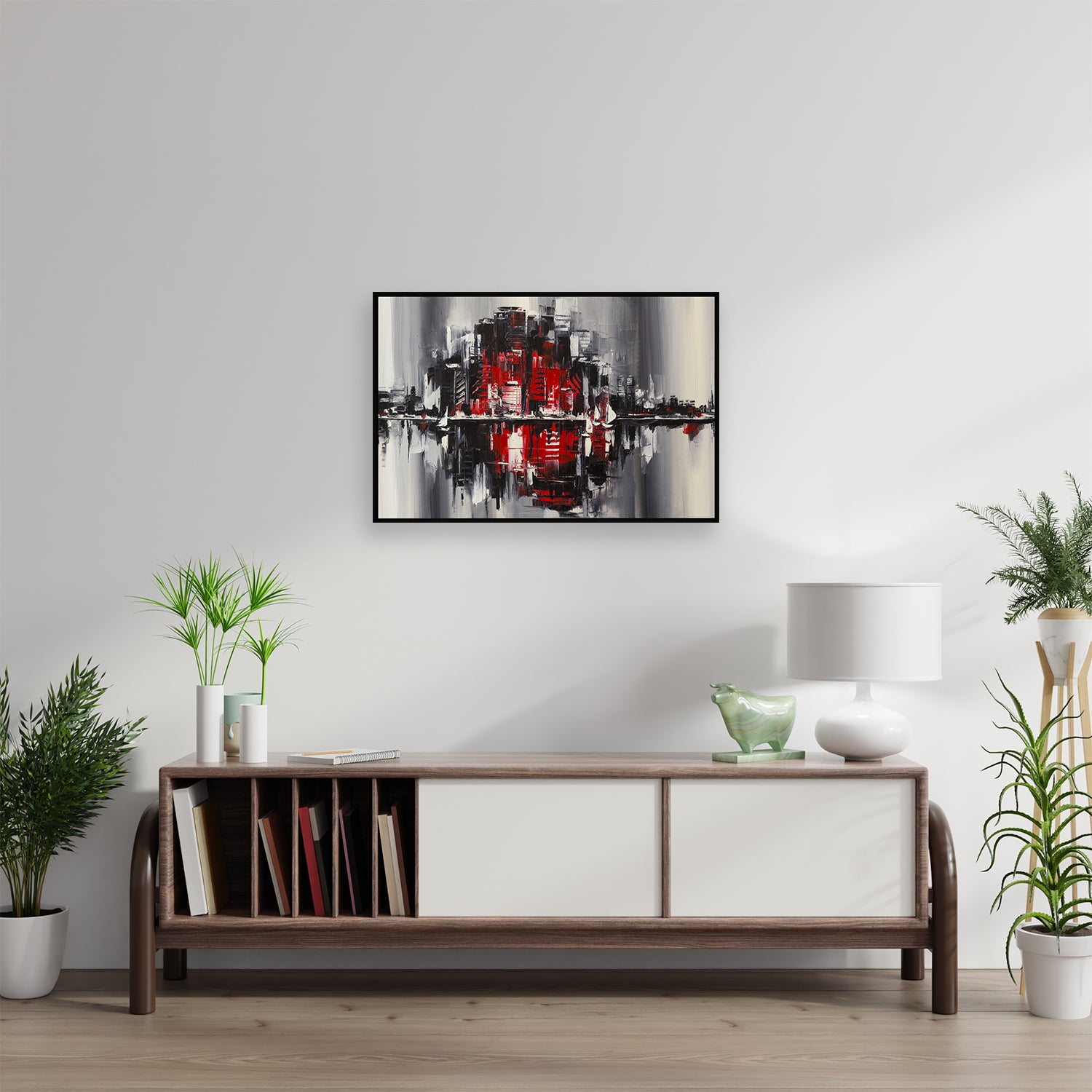 Abstract cityscape in red, black, and gray canvas painting.