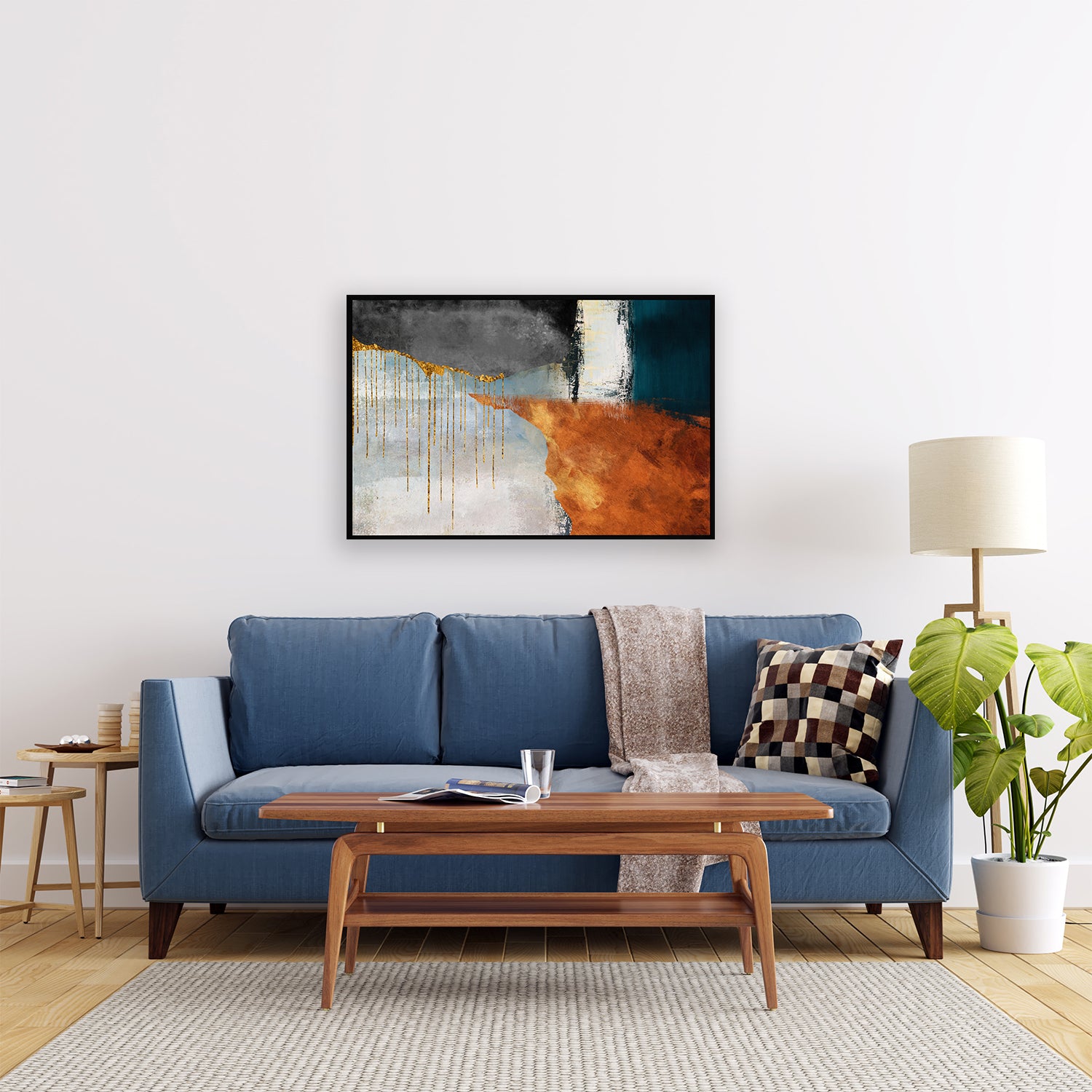 Abstract painting with colorful squares and gold lines canvas. 
