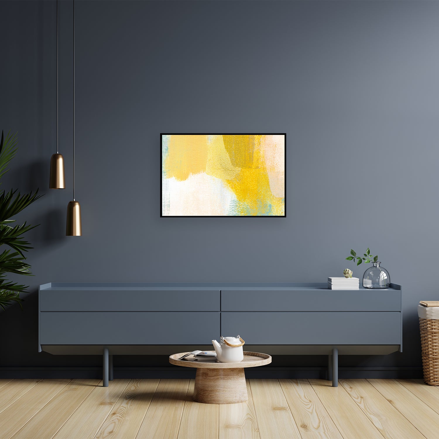 Abstract yellow and white painting with black frame on gray wall.