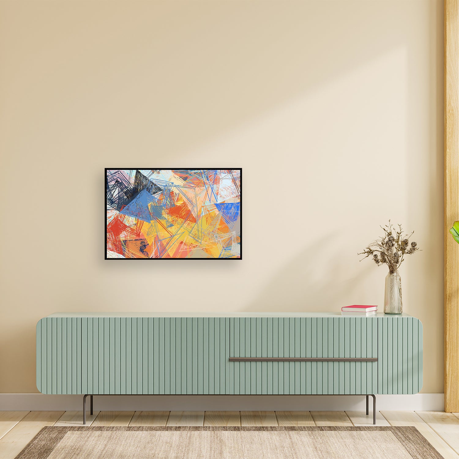 Colorful abstract painting with splatters and swirls  of blue, green, yellow, and red.
