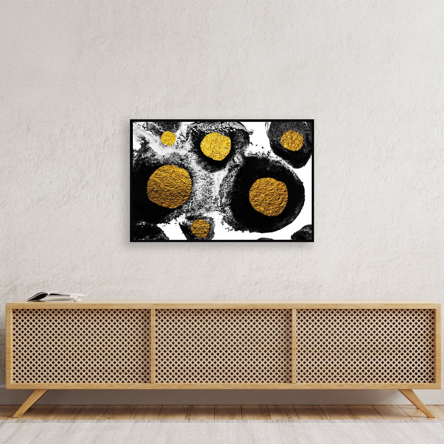 Black and white abstract painting with gold circles canvas wall art.