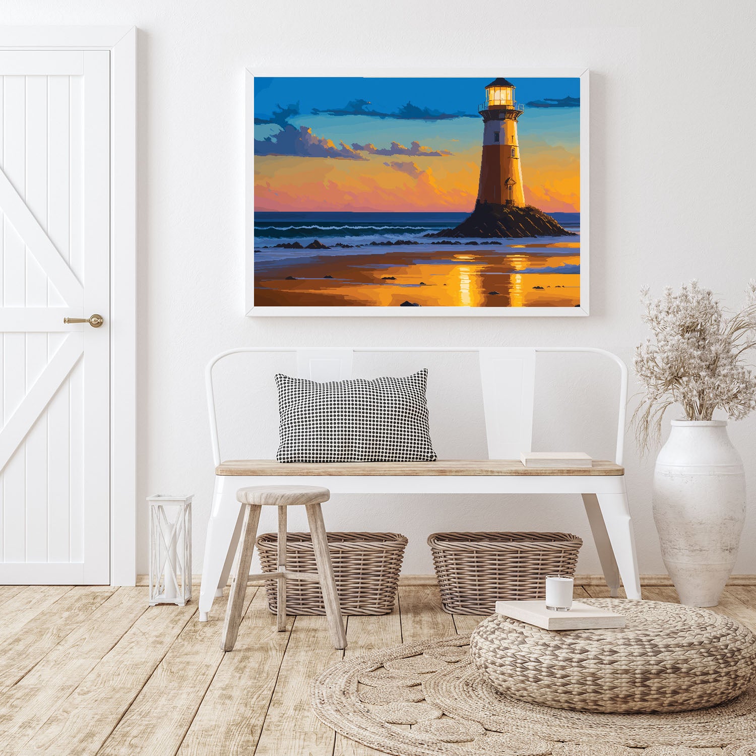 Tranquil beach at twilight with a lighthouse canvas wall painting.