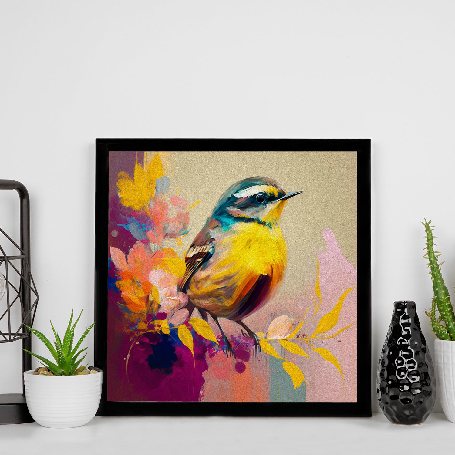 Abstract bird in a vibrant floral explosion.