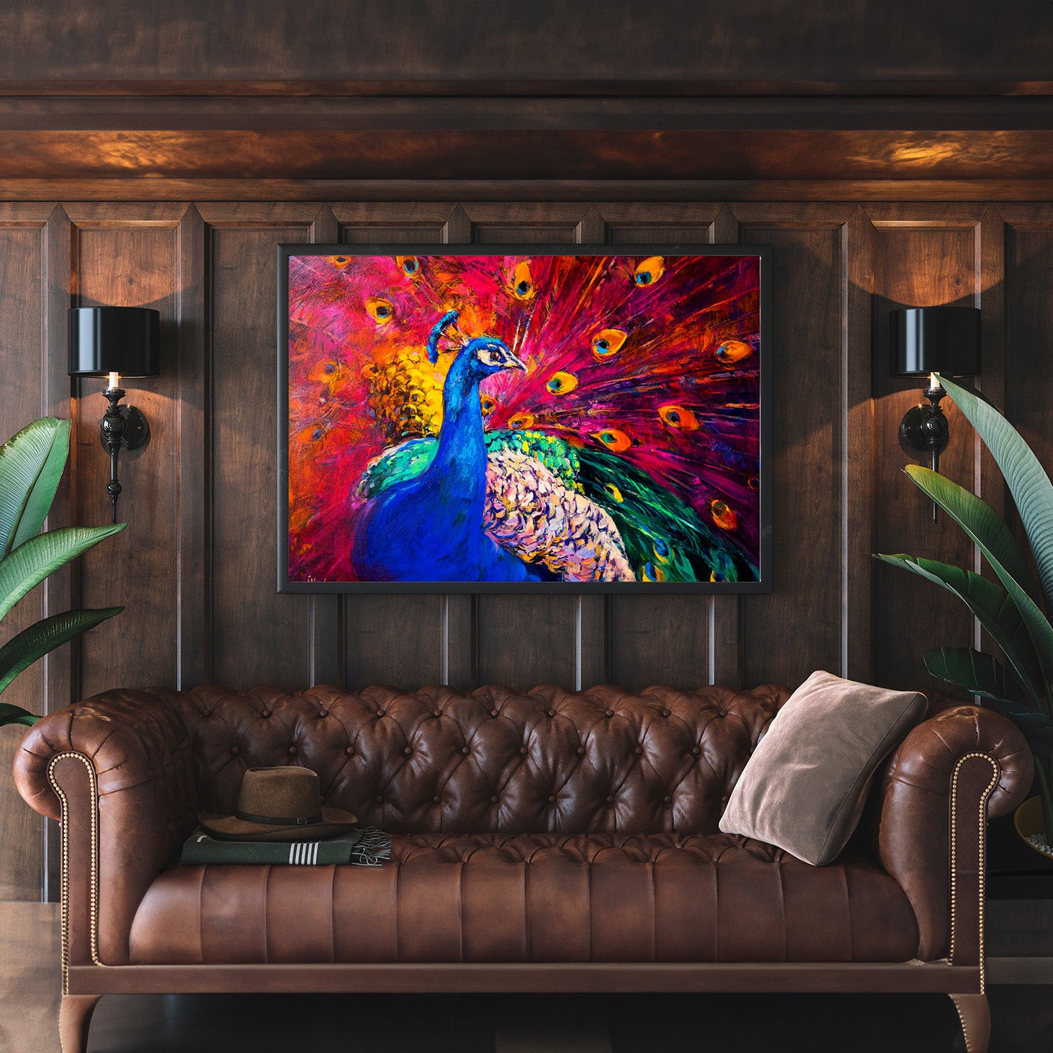 Colorful peacock with fanned tail displayed on a textured wall.