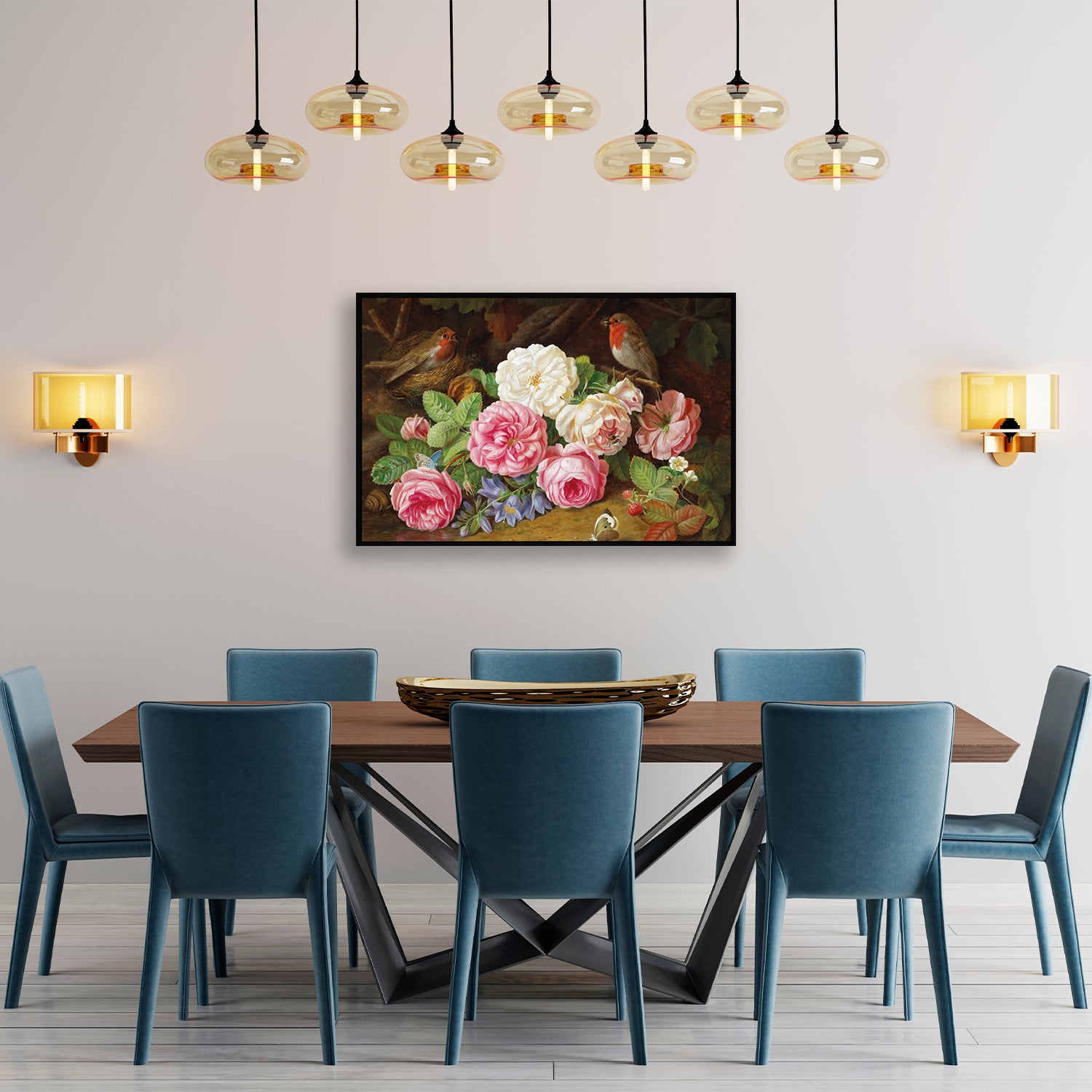 Blooming roses & feathered friends in a 19th century still life.