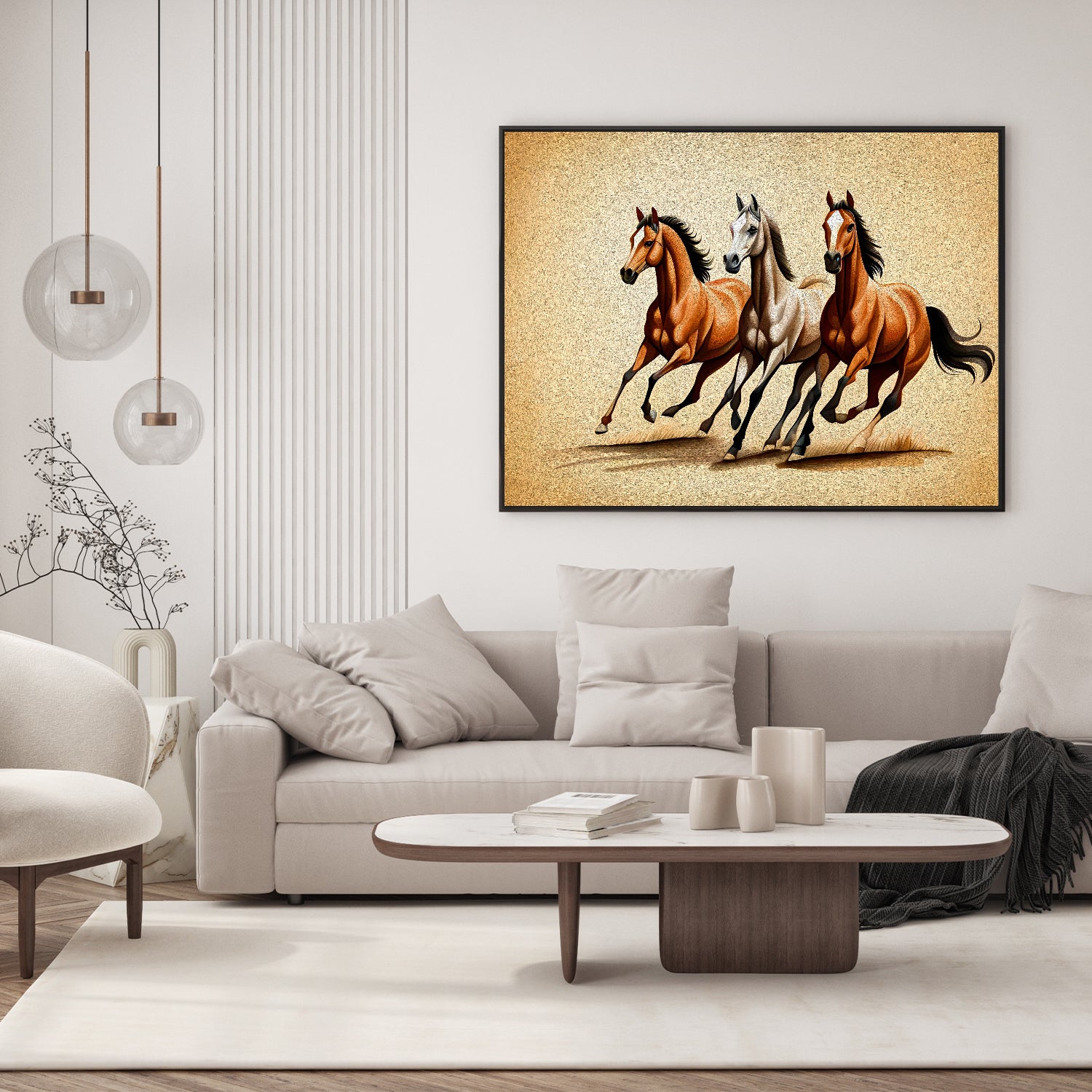 Three wild horses pound the wind on canvas.