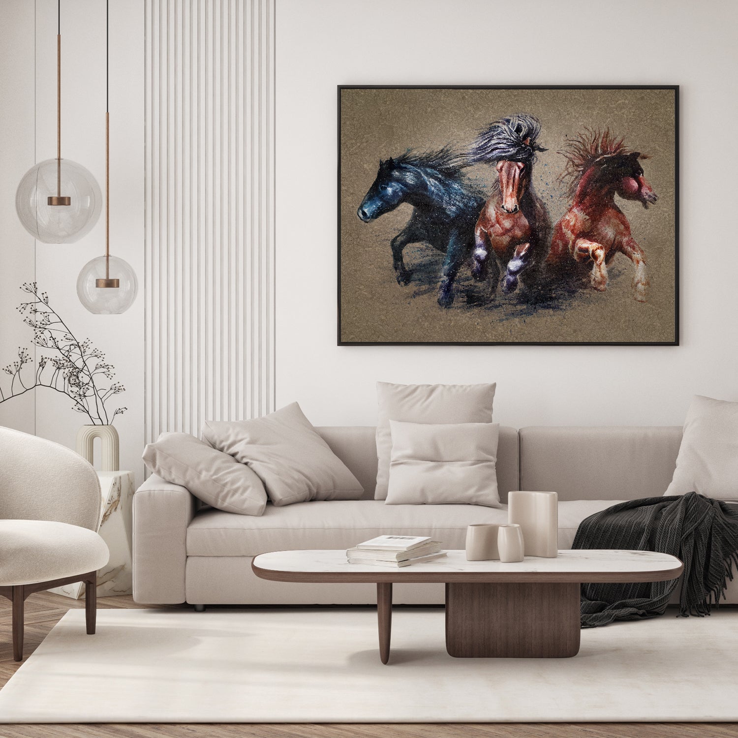Three athlete horses gallop across the  canvas.