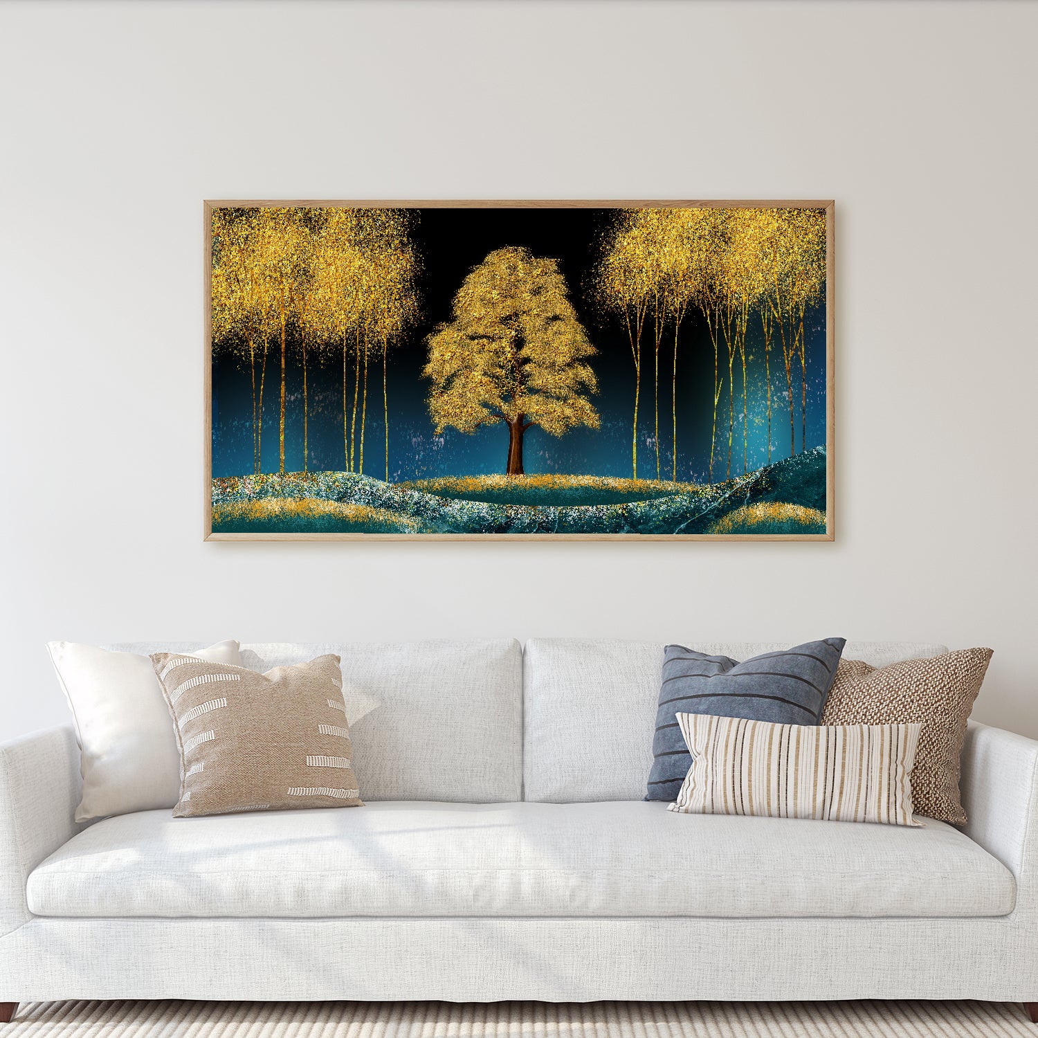 " Golden forest bathes in sunlight."