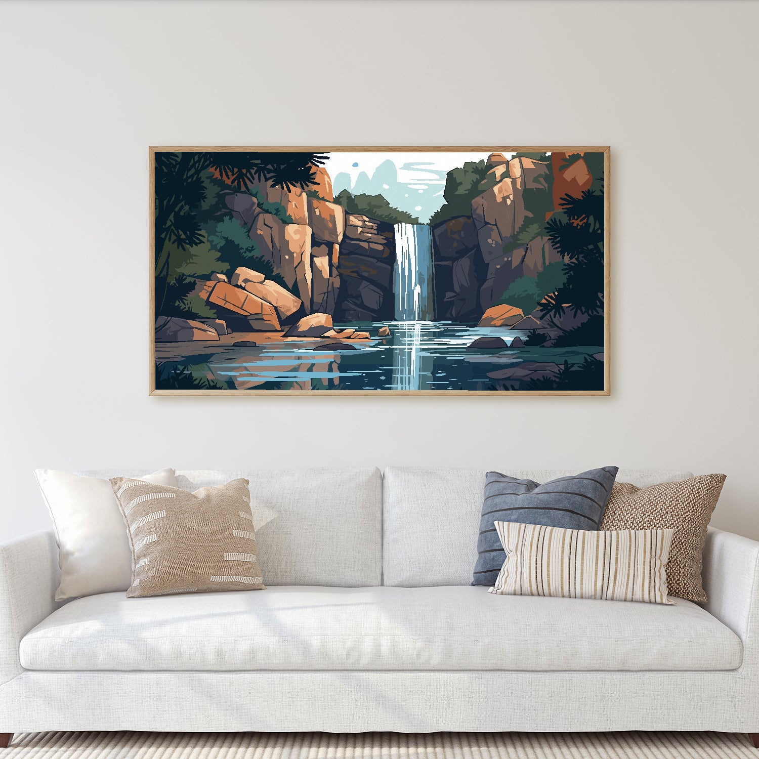 A cascading waterfall roars amidst lush green mountains painting.