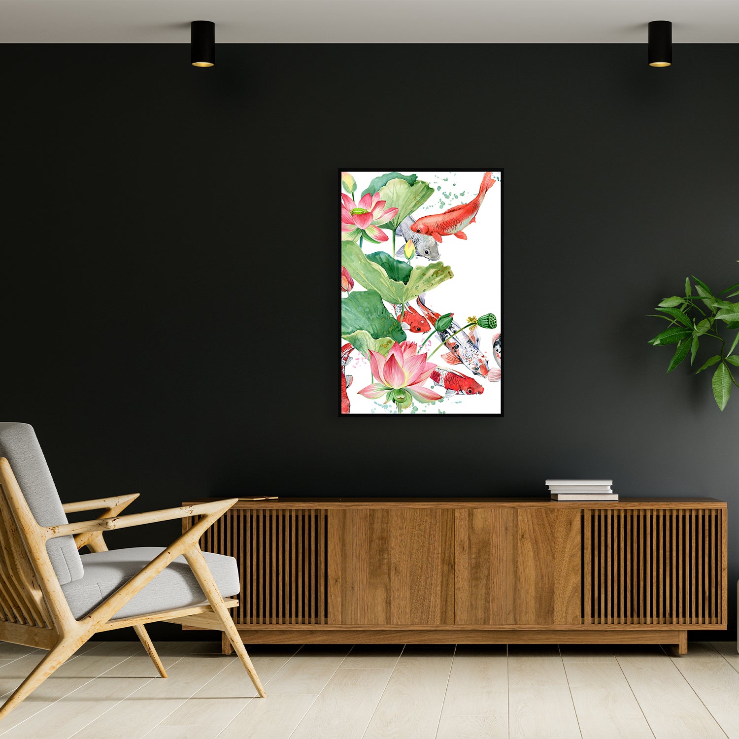 A vibrant koi swims among colorful lotus flowers.