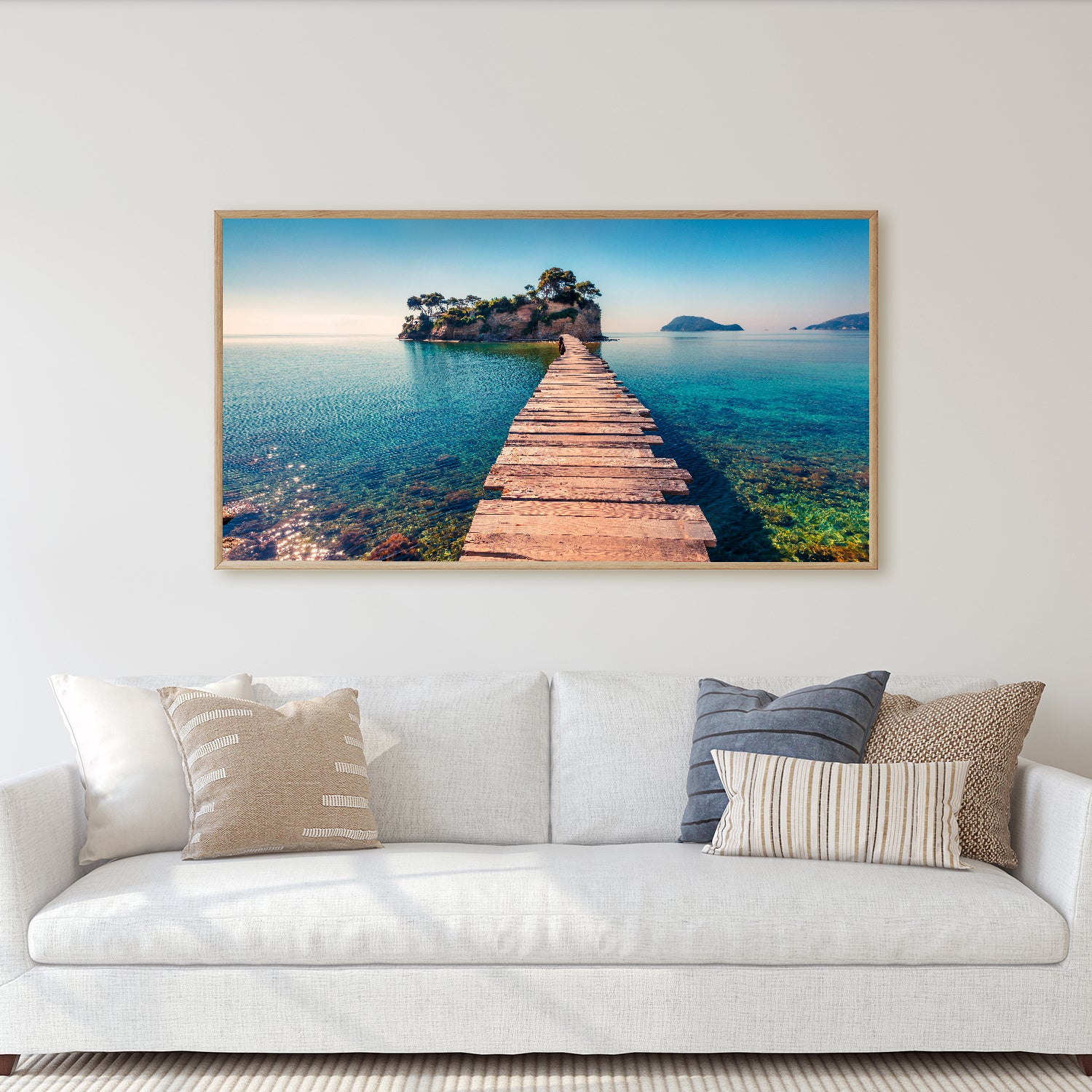 Wooden bridge beckons to peaceful island oasis canvas wall art.