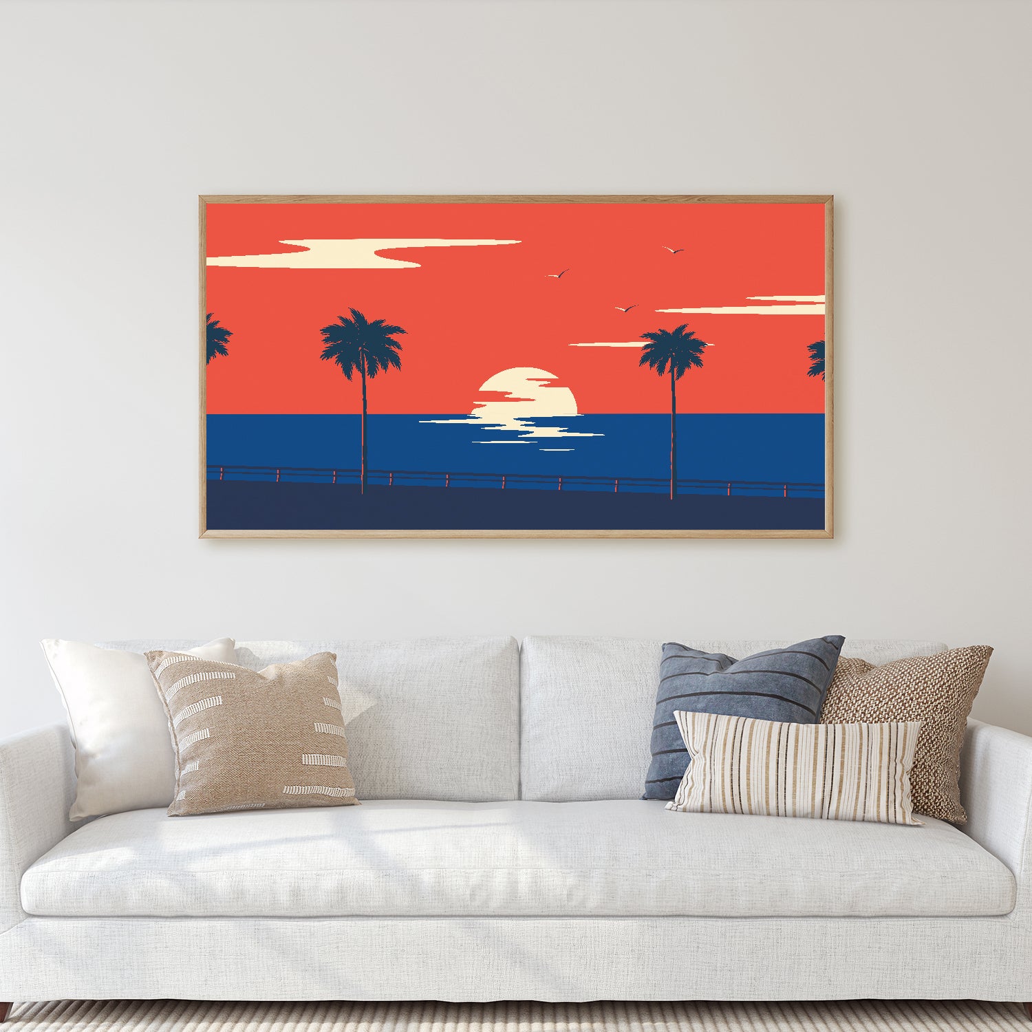 " Palm trees sway under a fiery sunset."