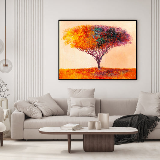 Abstract tree with fiery leaves stands in a grassy field.