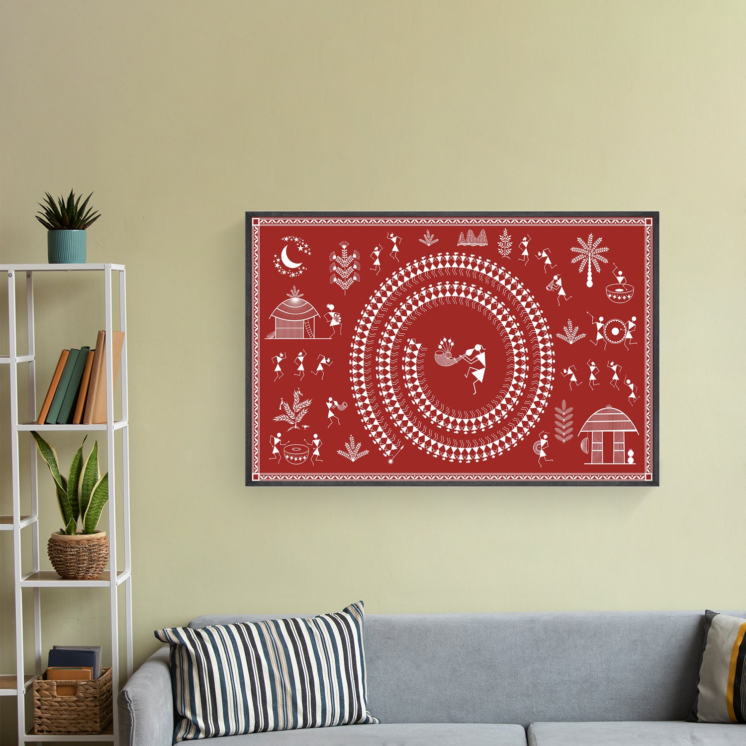 Abstract red sun meets tribal dance on canvas.